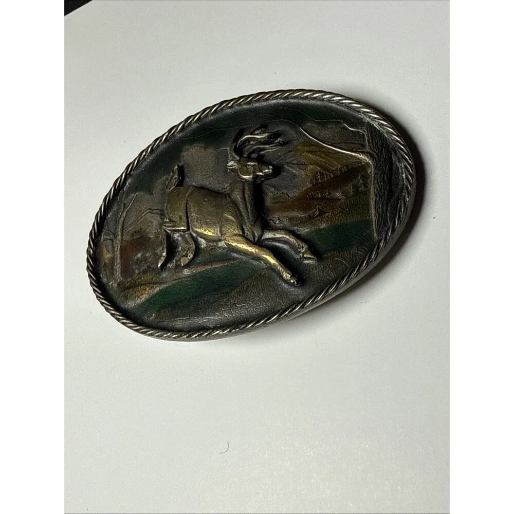 The Great American Buckle Co Vintage Enamel Leaping Buck Deer Belt Buckle 1980